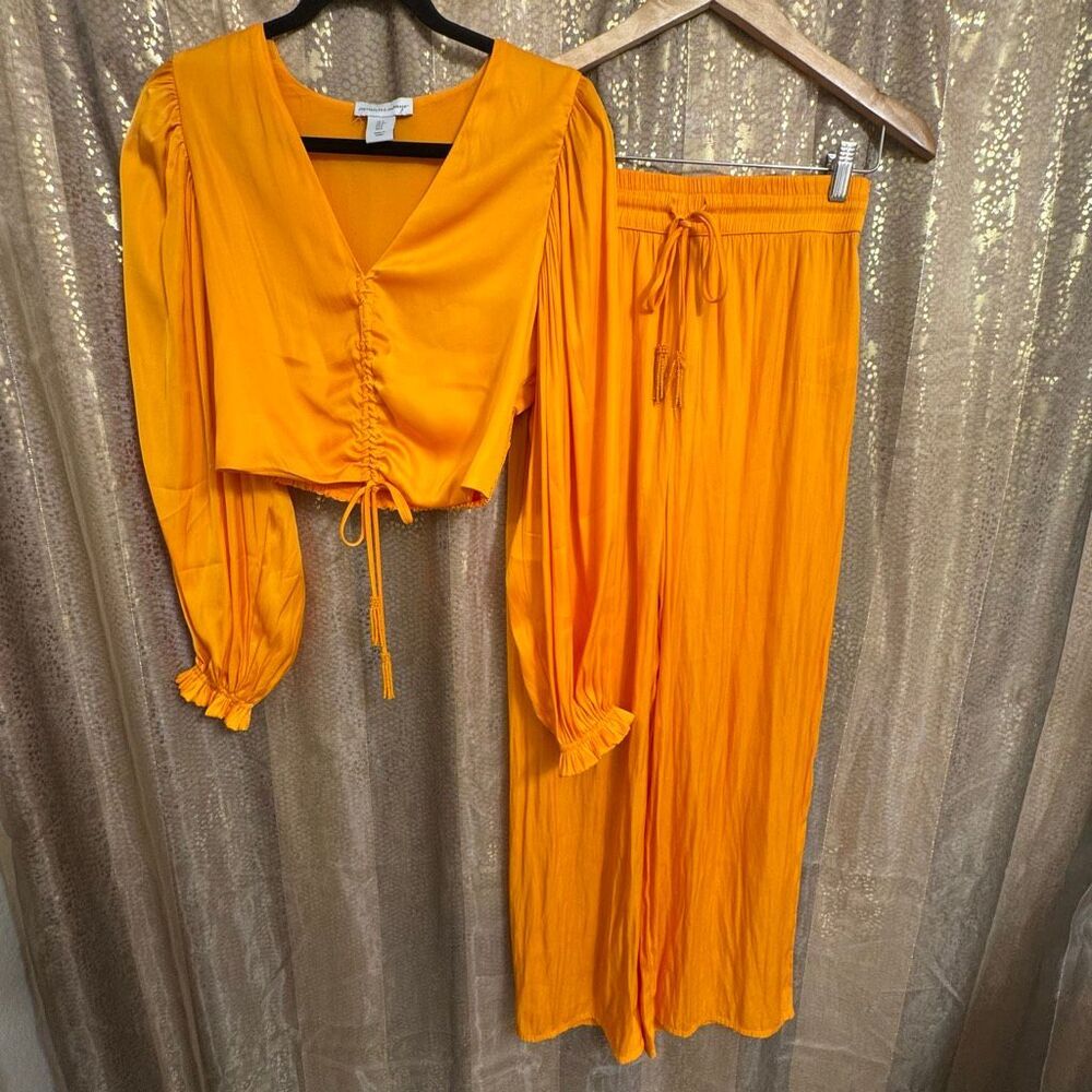 Cupcakes and Cashmere Yellow Orange Satin Blouse Palazzo Pants Set Small